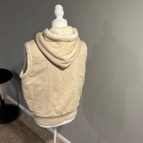 Vintage Y2K Gap Faux Fur Lined Hoodie Vest Cream Beige Womens Medium - Picture 2 of 11